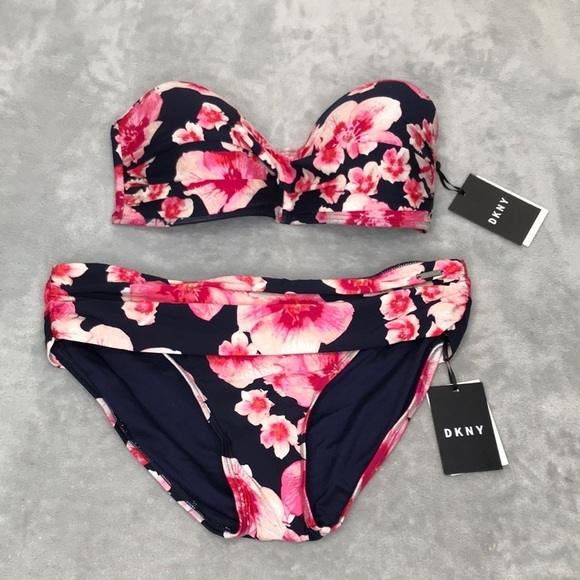 DKNY Navy Blue with Pink Flower Bikini Size L New - Picture 1 of 13